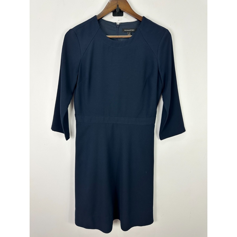 Banana Republic Sheath Dress Womens 4 Navy Blue 3/4 Sleeve Pocket Professional